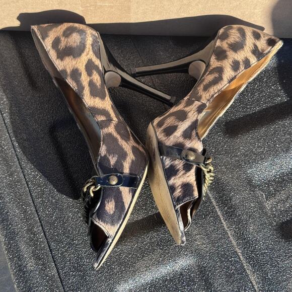 Guess Shoes Womens Size 8.5 Leopard Print Peep Toe Chain High Heel Dress Pumps - Picture 9 of 12